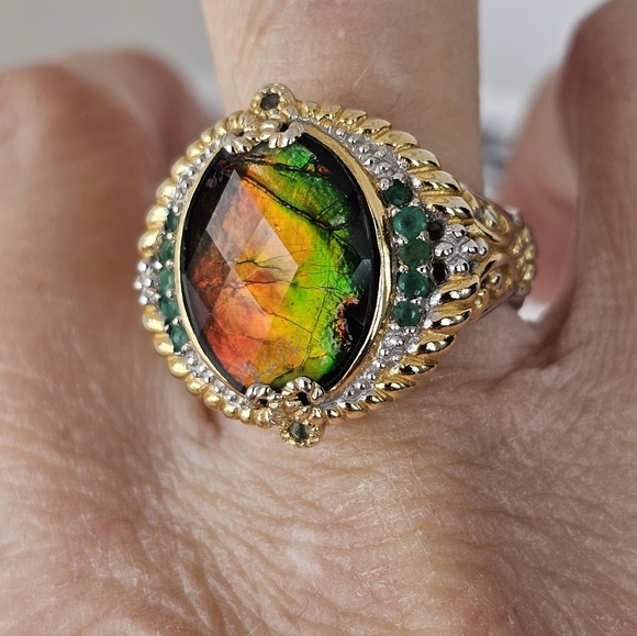 Rare Natural Ammolite & Emerald Ring Palladium Sterling Silver 18k Size 8! - Picture 7 of 11